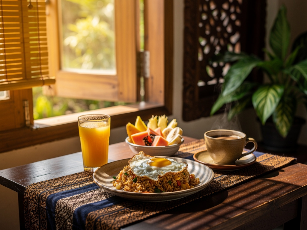 Suasana sarapan homestay dengan cahaya pagi yang hangat
