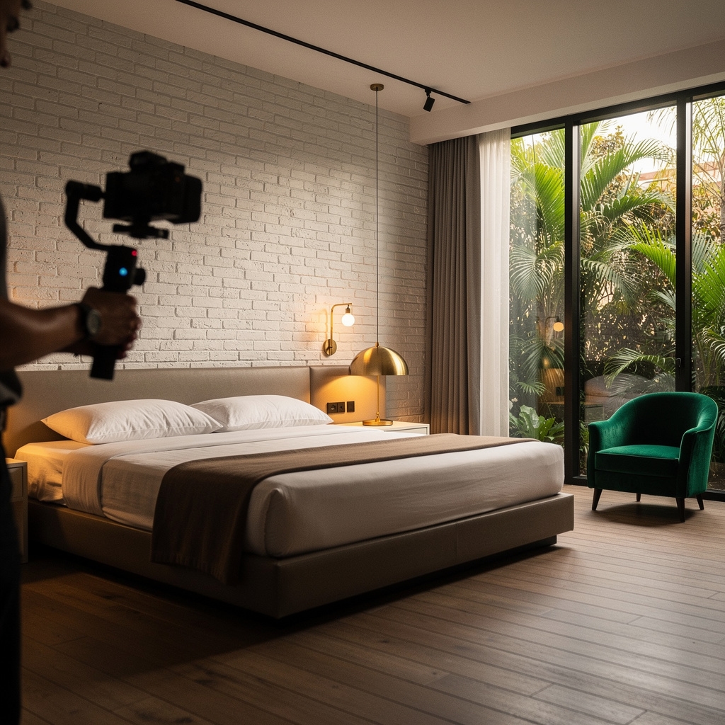 Room tour hotel butik dengan pencahayaan sinematik