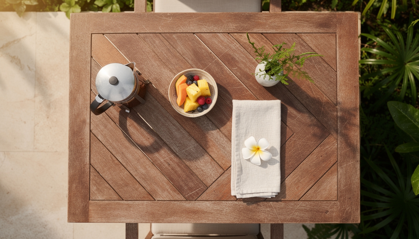 Suasana sarapan villa dengan penataan estetis dari sudut atas